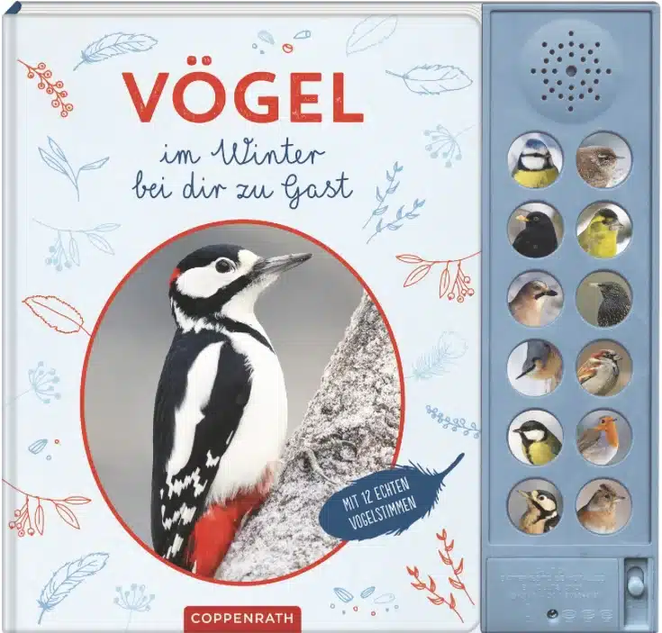Buchcover "Vögel im Winter bei dir zu Gast". Buch mit 12 echten Vogelstimmen.